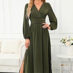 Green Dress Midi Maxi Holiday Party Christmas Wedding Flowy Ruched Festive